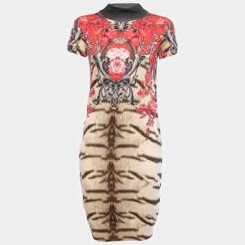 Pre Owned Roberto Cavalli Multicolor Floral and Animal Printed Knit Polo Neck Midi Dress M