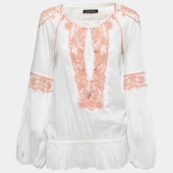 Pre Owned Roberto Cavalli White Cotton Embellished Peasant Blouse M