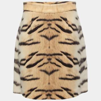 Pre Owned Roberto Cavalli Beige Animal Print Crepe Wool Mini Skirt M