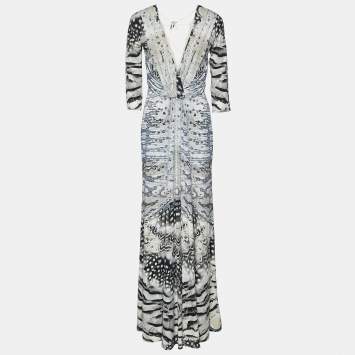 Pre Owned Roberto Cavalli Grey printed Jersey Lace Tie Detail Maxi Dress M