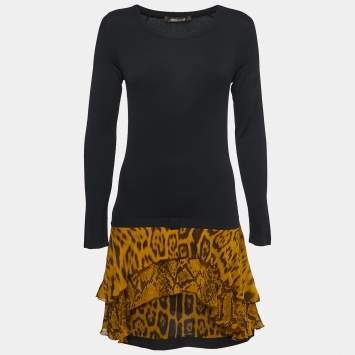 Pre Owned Roberto Cavalli Black Animal Print Silk & Jersey Full Sleeve Flared Short Dress S