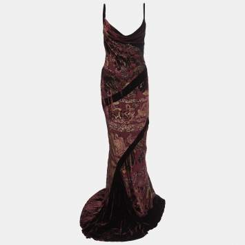 Pre Owned Roberto Cavalli Burgndy Embroidered Silk Velvet Draped Strap Gown M