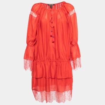 مملوكة مسبقًا Roberto Cavalli Red Silk Long Sleeve Lace Trimmed Dress S