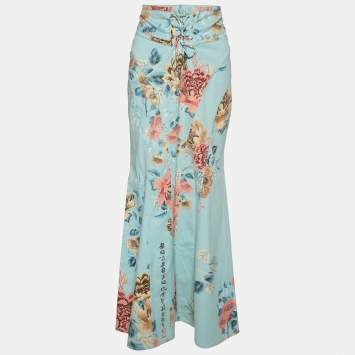 Pre Owned Roberto Cavalli Sea Green Floral Printed Denim Tie Detail Fitted Maxi Skirt L