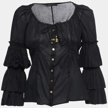 Pre Owned Roberto Cavalli Black Cotton Frill Detail Button Front Long Sleeve Top M