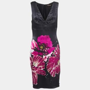 Pre Owned Roberto Cavalli Black Floral Print Silk Satin V-Neck Sleeveless Short Dress L