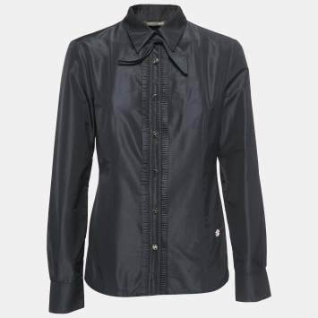 Pre Owned Roberto Cavalli Black Taffeta Ruffled Shirt M