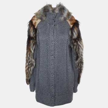 Pre Owned Roberto Cavalli Grey Wool & Silk Knit Fur Collar Sweater M
