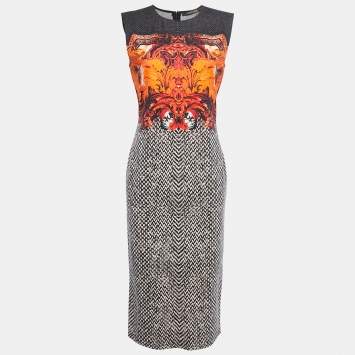 Pre Owned Roberto Cavalli Black Tilda Print Wool Sleeveless Sheath Dress M