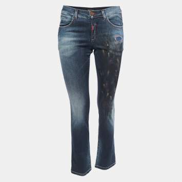 Pre Owned Roberto Cavalli Navy Blue Printed Denim Jeans S