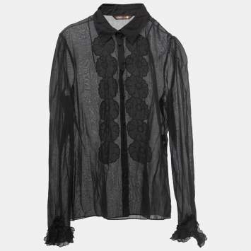 Pre Owned Roberto Cavalli Black Cotton Floral Detail Button Down Shirt L