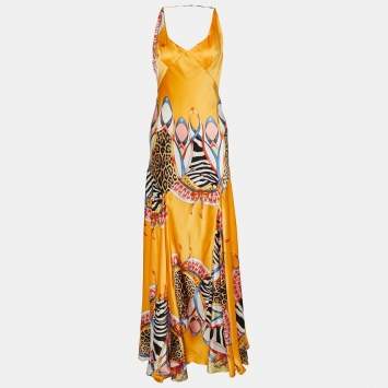 Pre Owned Roberto Cavalli Yellow Printed Silk Satin Maxi Dress XL