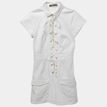 Pre Owned Roberto Cavalli White Cotton Lace-Up Playsuit S
