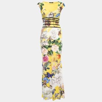 Pre Owned Roberto Cavalli Yellow Floral Printed Jersey Maxi Dress M