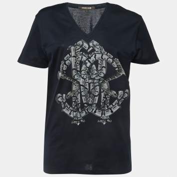 Pre Owned Roberto Cavalli Navy Blue Logo Print Cotton V-Neck Half Sleeve T-Shirt M