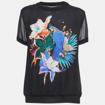 Pre Owned Roberto Cavalli Black Parrot Print Silk & Jersey Short Sleeve Top M