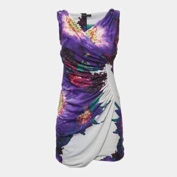 Pre Owned Roberto Cavalli Multicolor Floral Print Jersey Draped Sleeveless Mini Dress M