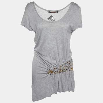 Pre Owned Roberto Cavalli Grey Knit Embellished Detail Tunic M