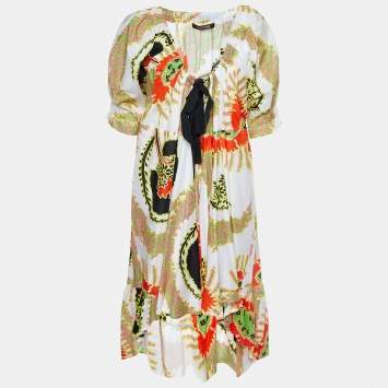 Pre Owned Roberto Cavalli Multicolor Printed Cotton High Low Hem Midi Dress M