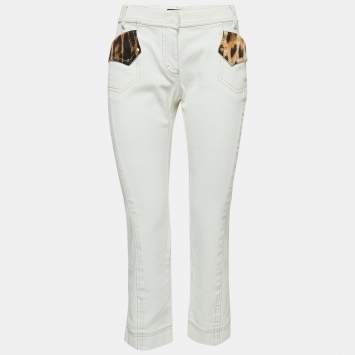 Pre Owned Roberto Cavalli White Denim Silk Animal Print Silk Trimmed Cropped Jeans L Waist 32"