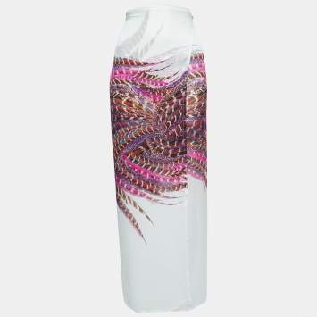 Pre Owned Roberto Cavalli White Print Silk Tie Front Cape M