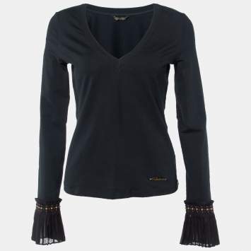 Pre Owned Roberto Cavalli Black Cotton Knit V-Neck Long Sleeve T-Shirt L 