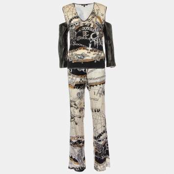 Pre Owned Roberto Cavalli Beige Printed Knit Leather trim Top & Silk Satin Pants XL/M