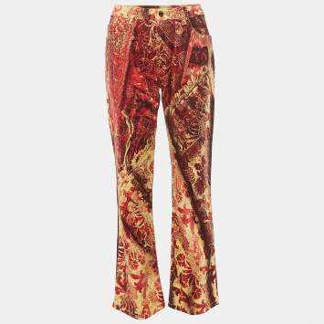 Pre Owned Roberto Cavalli Red & Gold Printed Denim Jeans S
