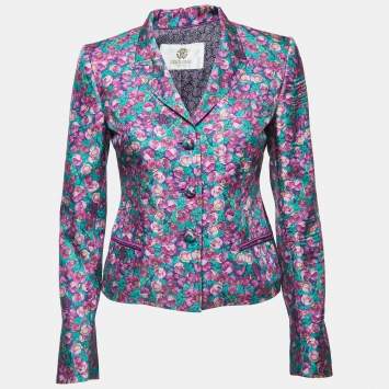 Pre Owned Roberto Cavalli Purple Floral Print Silk Single Breasted Blazer S