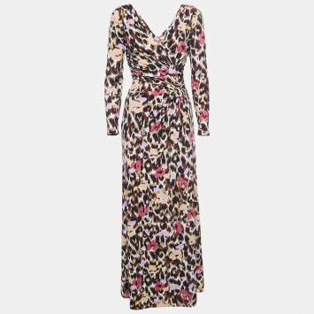 Pre Owned Roberto Cavalli Multicolor Leopard Print Stretch Knit Cutout Detailed Maxi Dress S
