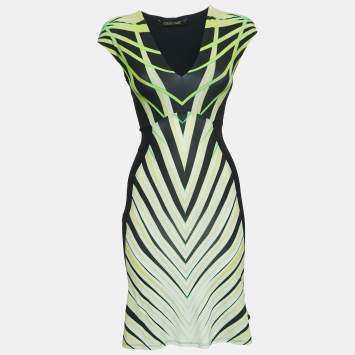 مملوكة مسبقًا Roberto Cavalli Black/Green Abstract Print Knit Sleeveless Flared Mini Dress XS