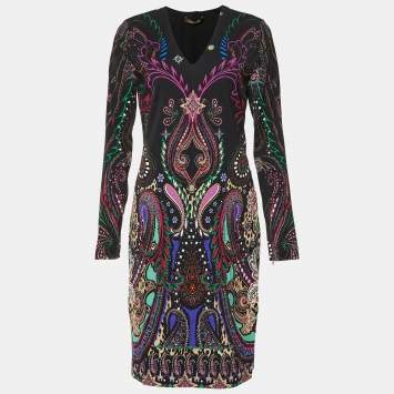 Pre Owned Roberto Cavalli Black Printed Viscose Jersey Knit Midi Dress M