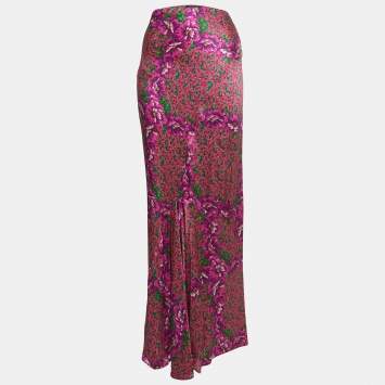Pre Owned Roberto Cavalli Pink Floral Print Satin Silk Ruffled Maxi Skirt S