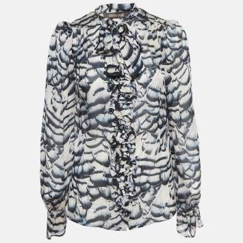 Pre Owned Roberto Cavalli Beige/Black Print Silk Button Front Ruffled Blouse M