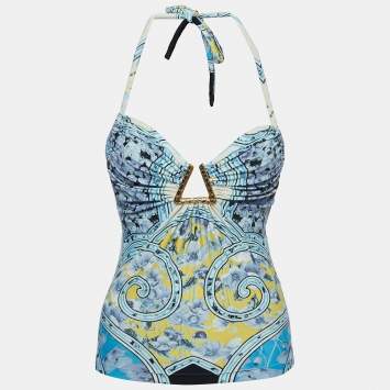 Pre Owned Roberto Cavalli Multicolor Print Stretch Knit Halter Neck Top S
