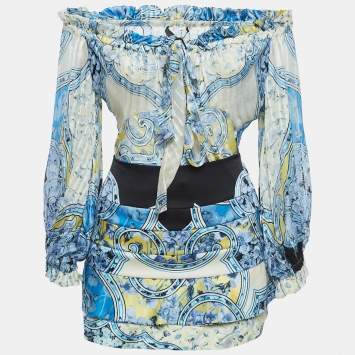 Pre Owned Roberto Cavalli Multicolor Print Silk Top Skirt Set S