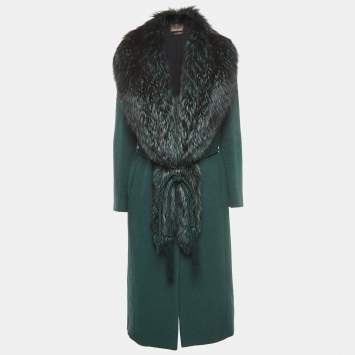 Pre Owned Roberto Cavalli Green Wool/Fox Fur Belted Long Coat S