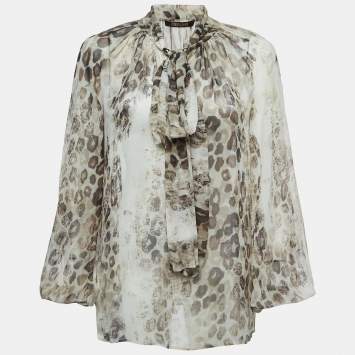 Pre Owned Roberto Cavalli Beige Animal Print Silk Pleated Sheer Shirt S
