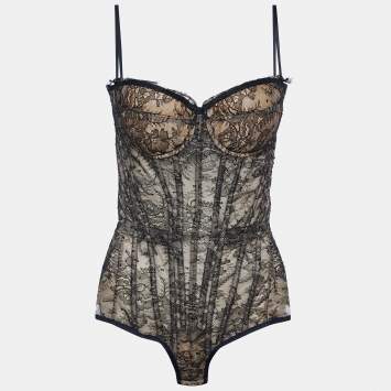Pre Owned Roberto Cavalli Black/Beige Sheer Victorian Lace Padded Corset Bodysuit XL