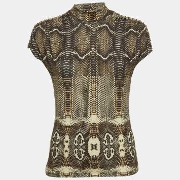 Pre Owned Roberto Cavalli Black Snakeskin Print Knit High Neck Top M