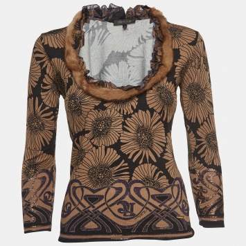Pre Owned Roberto Cavalli Brown Floral Print Knit Mink Fur Trimmed Top M