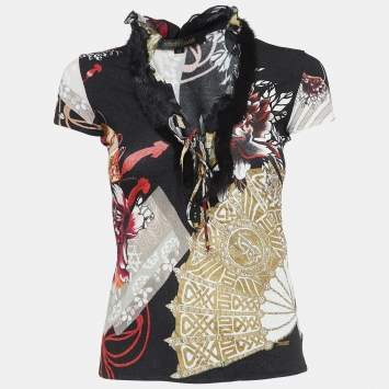Pre Owned Roberto Cavalli Multicolor Print Crepe Mink Fur Trimmed Short Sleeve Top M