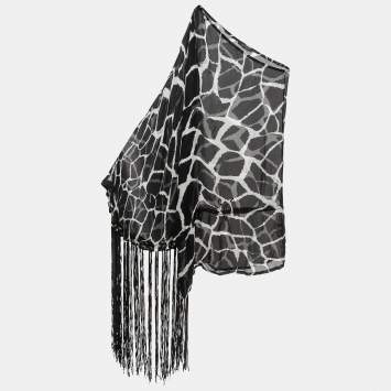 Pre Owned Roberto Cavalli Black Giraffe Print Silk Tasseled One-Shoulder Dress L