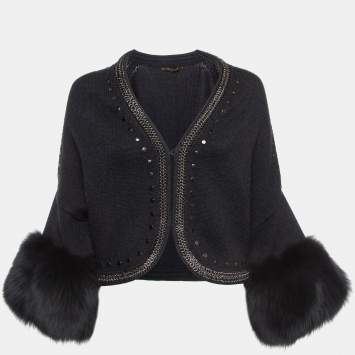Pre Owned Roberto Cavalli Grey Fox Fur Trimmed Wool Blend Embellished Cardigan S