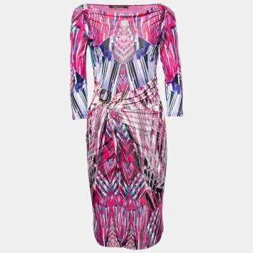Pre Owned Roberto Cavalli Pink Marble Print Jersey Faux Wrap Dress S