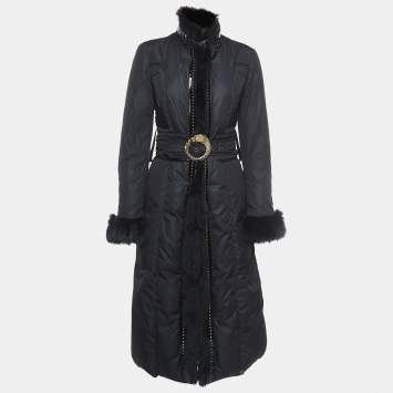 Pre Owned Roberto Cavalli Black Leather Trim Fur and Synthetic Belted Mid Length Coat S