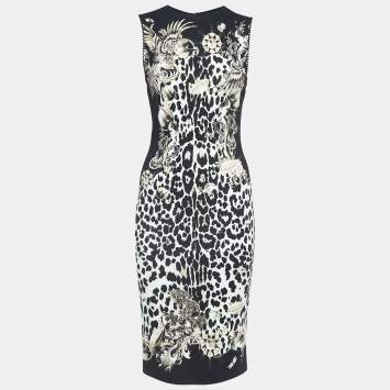 Pre Owned Roberto Cavalli Black Print Crepe Sleeveless Short Dress M