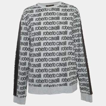 Pre Owned Roberto Cavalli Grey Logo Print Cotton Crew Neck Sweatshirt L