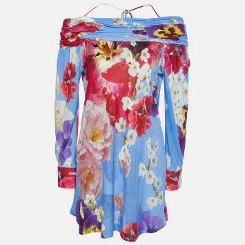 Pre Owned Roberto Cavalli Blue Floral Print Knit Off-The-Shoulder Top M