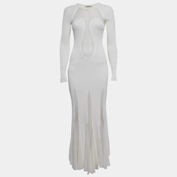 Pre Owned Roberto Cavalli White Mesh Panelled Rib Knit Flared Maxi Dress S